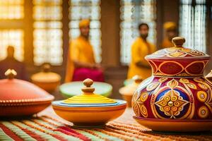 indian pottery on display in a room with people in the background. AI-Generated photo