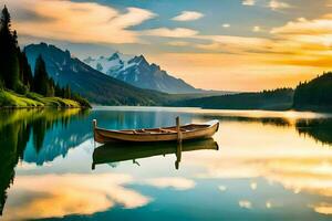 a boat sits on the calm waters of a lake. AI-Generated photo