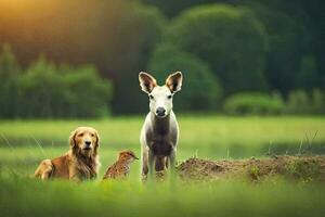 a dog and a cat standing in a field. AI-Generated photo