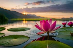 pink lotus flower in the water at sunset. AI-Generated photo