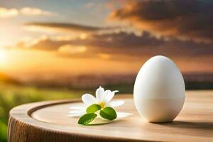 an egg sits on a wooden table with a flower. AI-Generated photo