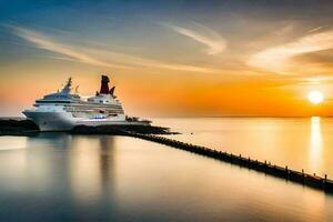 un crucero Embarcacion atracado a el muelle a puesta de sol. generado por ai foto