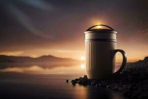 a coffee cup sitting on rocks near the water. AI-Generated photo