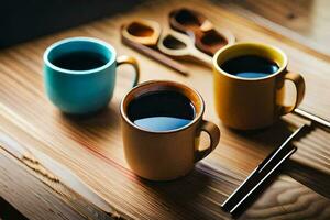 three coffee cups on a wooden table. AI-Generated photo