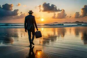 a man in a suit and hat walking on the beach at sunset. AI-Generated photo