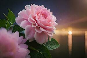 two pink flowers are in front of a lake. AI-Generated photo