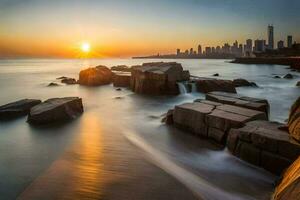 the sun sets over the city skyline in chicago. AI-Generated photo