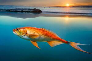 un pescado nadando en el agua a puesta de sol. generado por ai foto