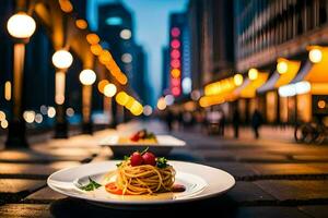 a plate of spaghetti is sitting on the street. AI-Generated photo