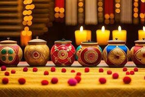 a row of colorful pots with candles in front of them. AI-Generated photo