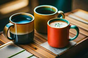 three coffee mugs on a table. AI-Generated photo