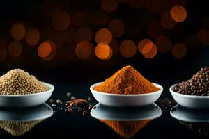 three bowls of spices on a black background. AI-Generated photo