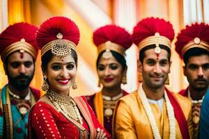 indian wedding party with bride and groom. AI-Generated photo