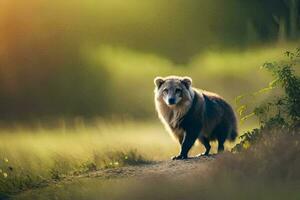 a bear walking on a dirt road in the middle of a field. AI-Generated photo