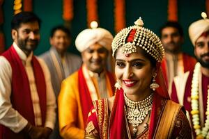 un novia en tradicional indio atuendo con su novio. generado por ai foto