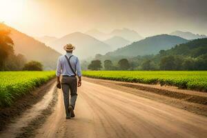 a man in a hat walks down a dirt road in the middle of a rice field. AI-Generated photo