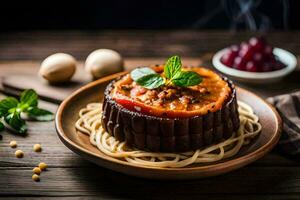 spaghetti with meat and vegetables on a wooden table. AI-Generated photo