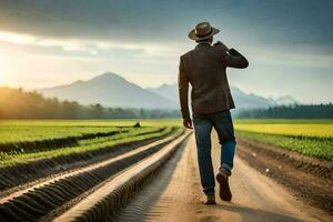 a man in a hat walks down a dirt road. AI-Generated photo