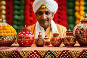 a man in a turban is surrounded by colorful pots. AI-Generated photo