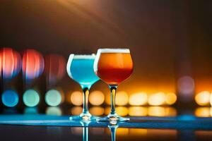 two glasses of alcohol on a table in front of a blurred background. AI-Generated photo