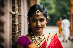 a beautiful indian woman wearing a traditional sari. AI-Generated photo