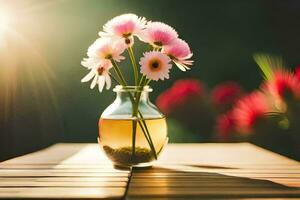 pink flowers in a vase on a table. AI-Generated photo