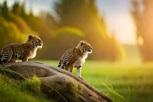 two leopards are standing on a log in the grass. AI-Generated photo