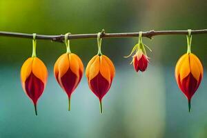 four orange and red flowers hang from a branch. AI-Generated photo