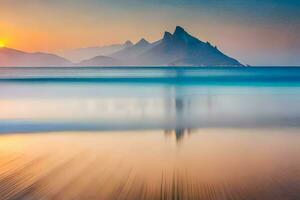 a long exposure photograph of a mountain range at sunset. AI-Generated photo