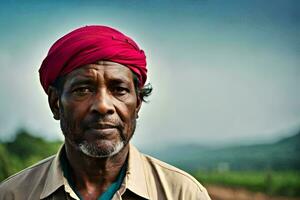 a man wearing a red turban stands in the middle of a field. AI-Generated photo