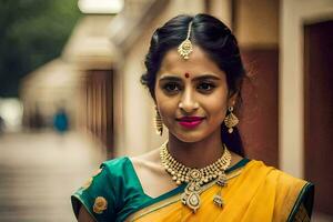 a beautiful young woman in a yellow sari. AI-Generated photo