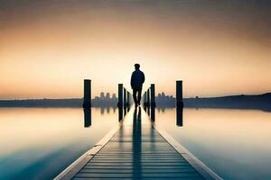 a man standing on a dock at sunset. AI-Generated photo