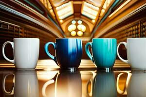 three coffee mugs lined up on a table. AI-Generated photo