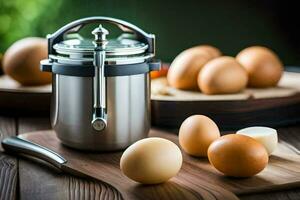 an egg beater and eggs on a cutting board. AI-Generated photo