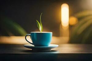 a cup of coffee with a plant growing out of it. AI-Generated photo