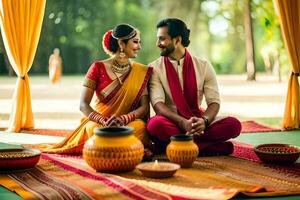 indian wedding couple sitting on the ground. AI-Generated photo