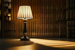 a lamp is sitting on a table in front of a bookcase. AI-Generated photo