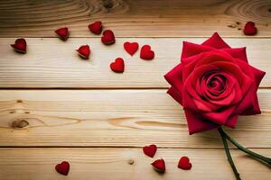 a single red rose on a wooden table with hearts. AI-Generated photo