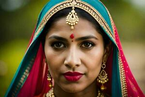 un hermosa indio mujer vistiendo un tradicional sari. generado por ai foto