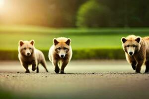 three brown bears walking on a road. AI-Generated photo