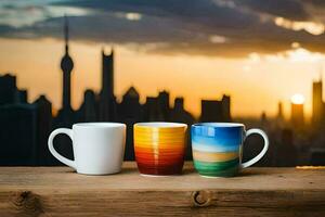 three coffee mugs on a table with a city skyline in the background. AI-Generated photo