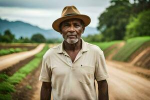 an african man in a hat standing in a dirt road. AI-Generated photo