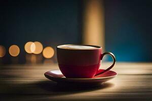 a red cup of coffee on a wooden table. AI-Generated photo