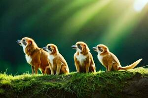 cuatro monos sentado en un herboso colina. generado por ai foto