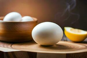 a wooden bowl with eggs and a lemon. AI-Generated photo