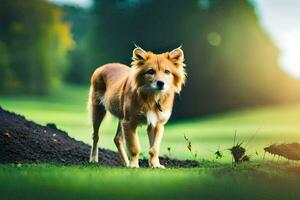 a dog is standing on a green field. AI-Generated photo