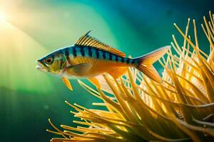 un pescado nadando en un submarino mar anémona. generado por ai foto