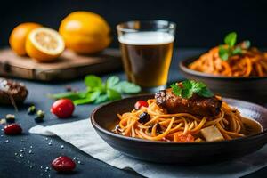 spaghetti with meat and vegetables in a bowl. AI-Generated photo