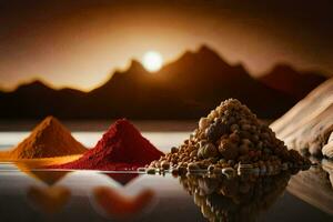 spices and spices on a table with mountains in the background. AI-Generated photo