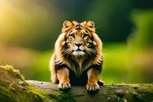 a tiger sitting on a log in the forest. AI-Generated photo